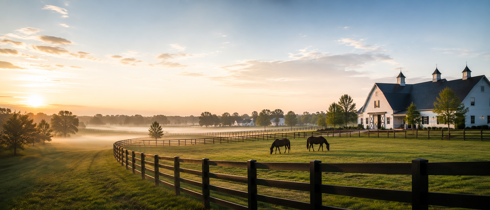 Black four-board estate fence on a Bluegrass horse farm at dawn, Central Kentucky