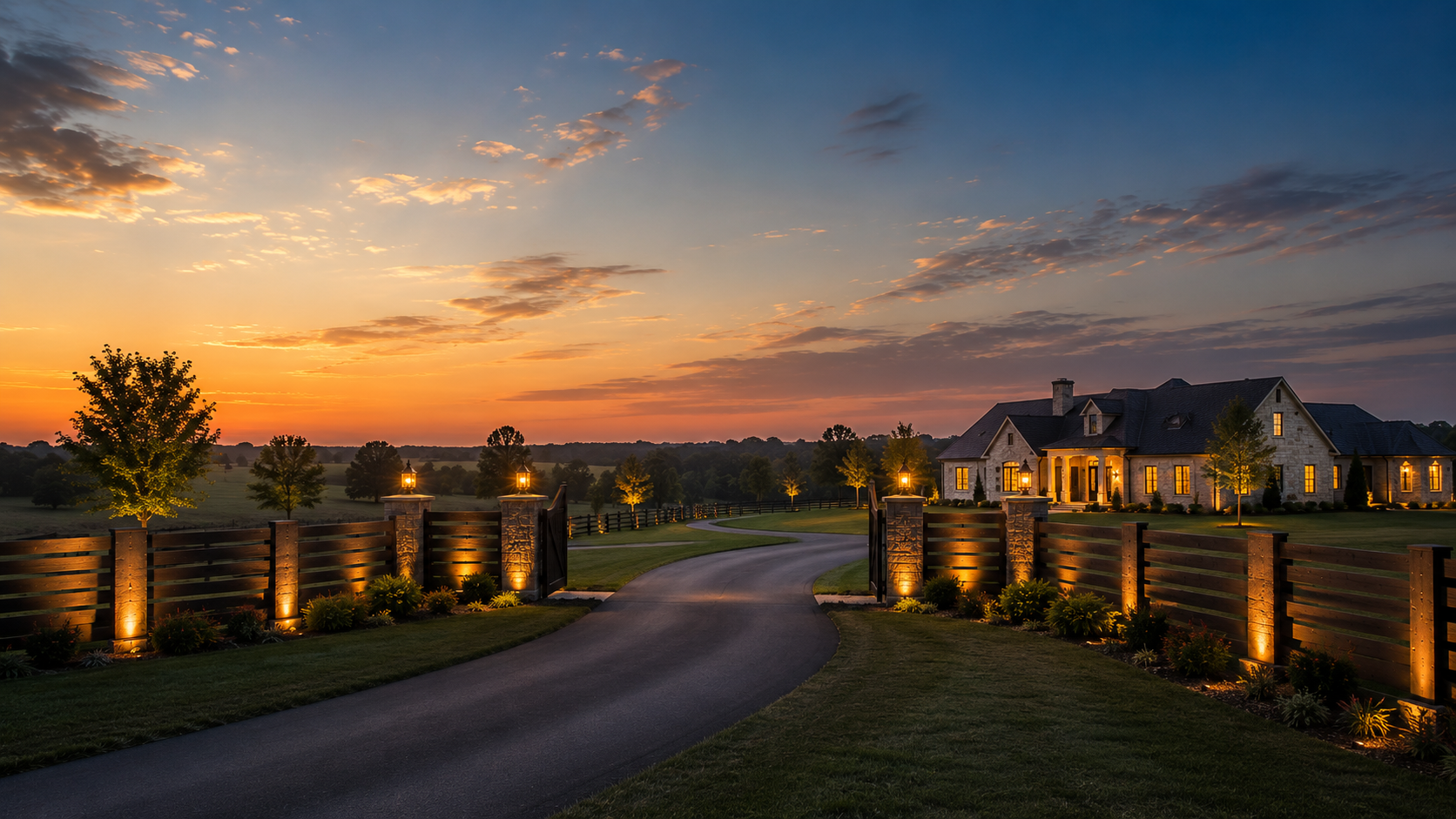 Upscale property behind a beautifully lit fence at dusk