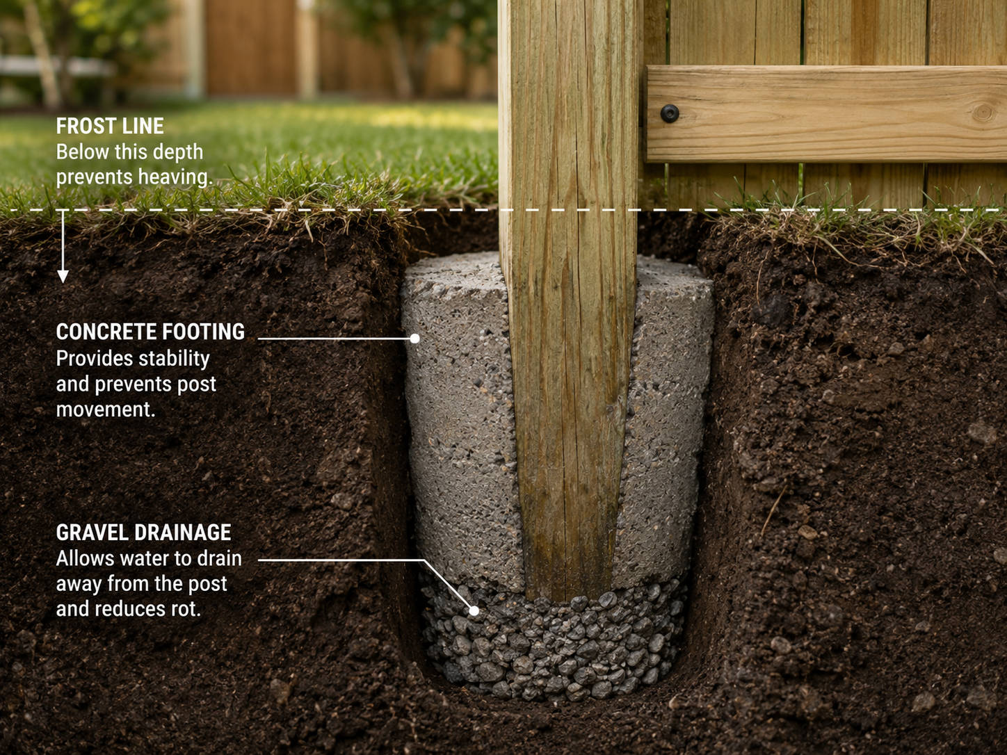 Fence post concrete footing frost line drainage detail Lexington Kentucky